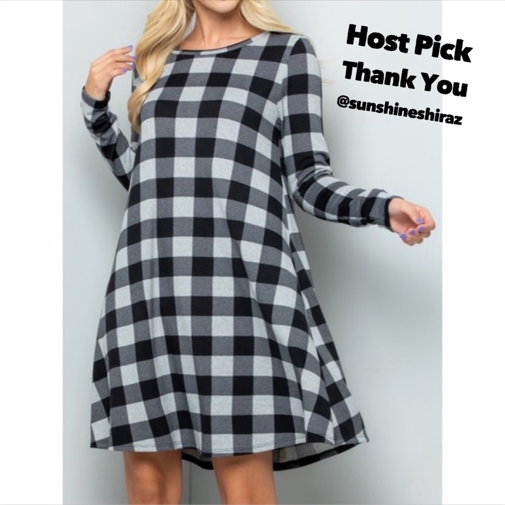 Black & Grey Check Dress Long Sleeves Pockets HP